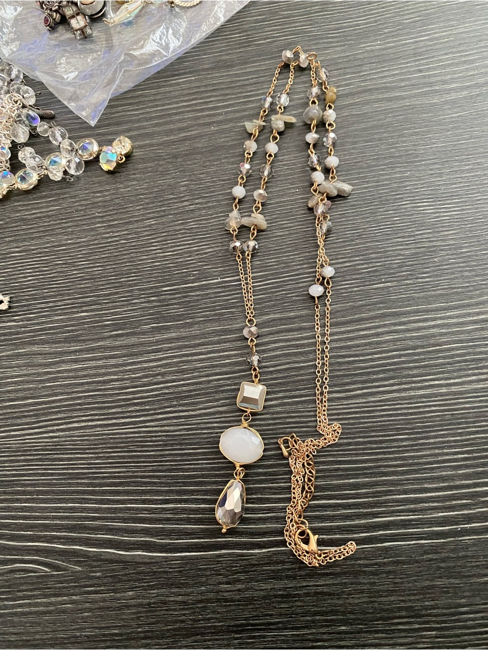 Gold-Tone Beaded Pendant Necklace with White and Gray Accents